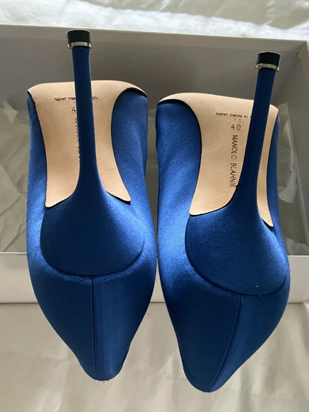 Manolo Blahnik Royal Blue Satin Pointed-Toe Crystal Buckle Pumps
